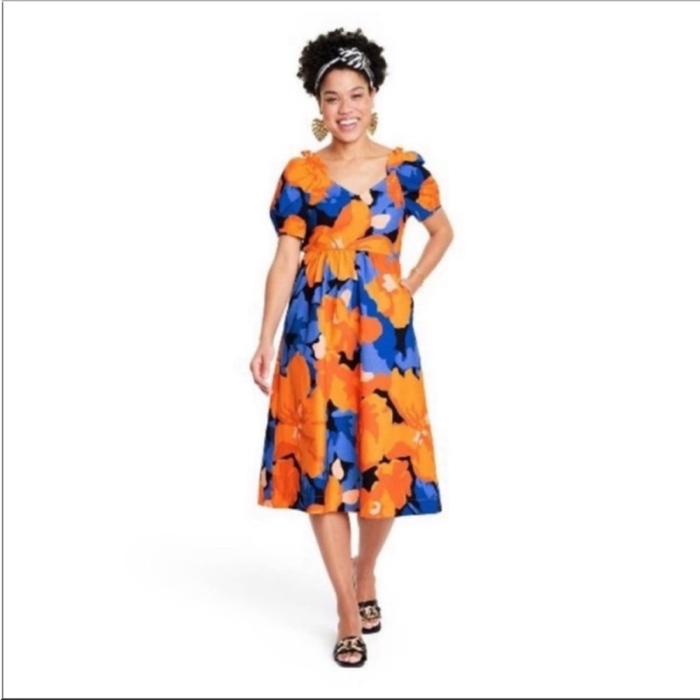 NWT Sz 12 Tabitha Brown Floral Print Puff Sleeve Tie-Back Dress with Pockets